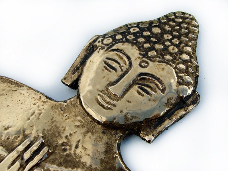 buddha wall decor - wall hanging - wall art - home decor  - 10kt gold glaze -spiritual art - Indian art - ceramic - sitting buddha
