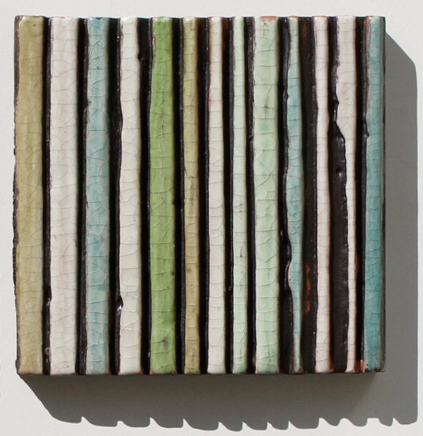 striped tile coaster - wall decor - home decor - terracotta - ceramic- green - blue - table decor - 'espigas '