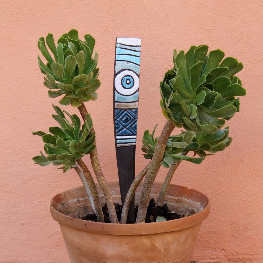 totem garden art - ceramic sculpture - plant stake - flower bed totem - frost resistant