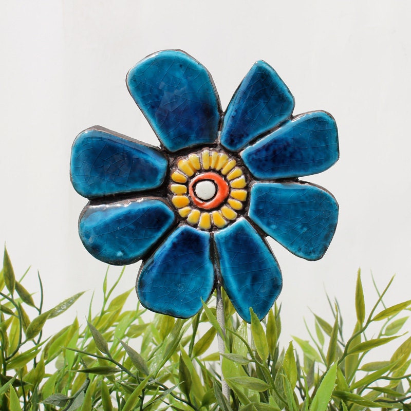 Flower garden decor -  garden art - garden sculpture - ceramic and metal - lawn ornament - plant stake - buttercup deep turquoise