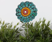 Abstract Flower sculpture - garden art- garden ornament - garden decor- plant stake - ceramic and metal - marigold jade turquoise