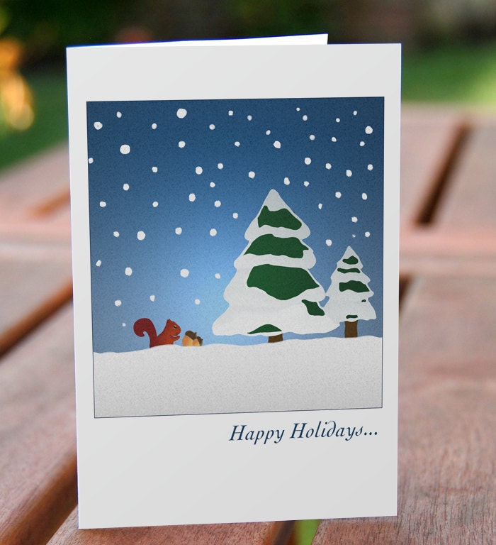 Holiday card - squirrel collecting acorns in the snow (set of 20 - 3.5"x5") - archsehgal