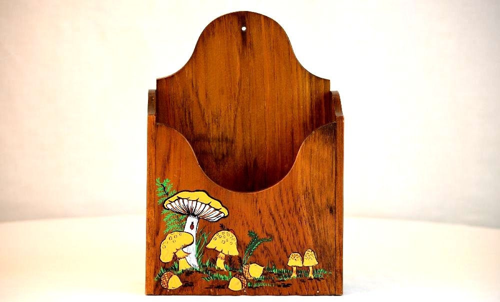 Vintage Wooden Mail Box Mushroom Wall Hanging
