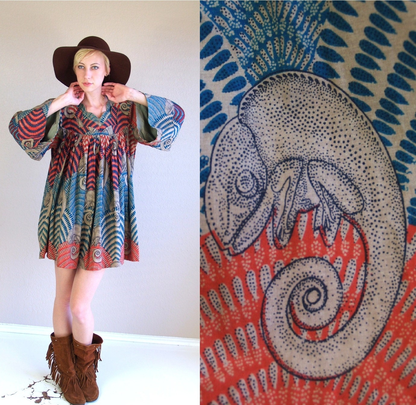 reserved for Heather vtg 70s DRESS batik CHAMELEON PRINT bell sleeve Avant Garde Mini hippie os