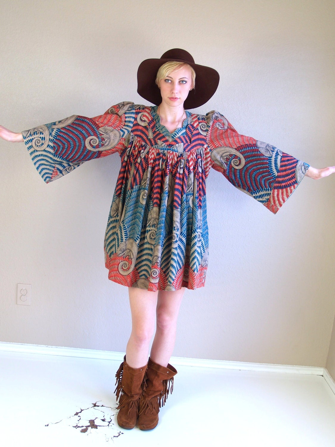 reserved for Heather vtg 70s DRESS batik CHAMELEON PRINT bell sleeve Avant Garde Mini hippie os