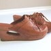 Rare vtg 70s honey leather DONUT HOLE cutout Real Wood Hippie CLOGS woven leather 10 shoes gypsy