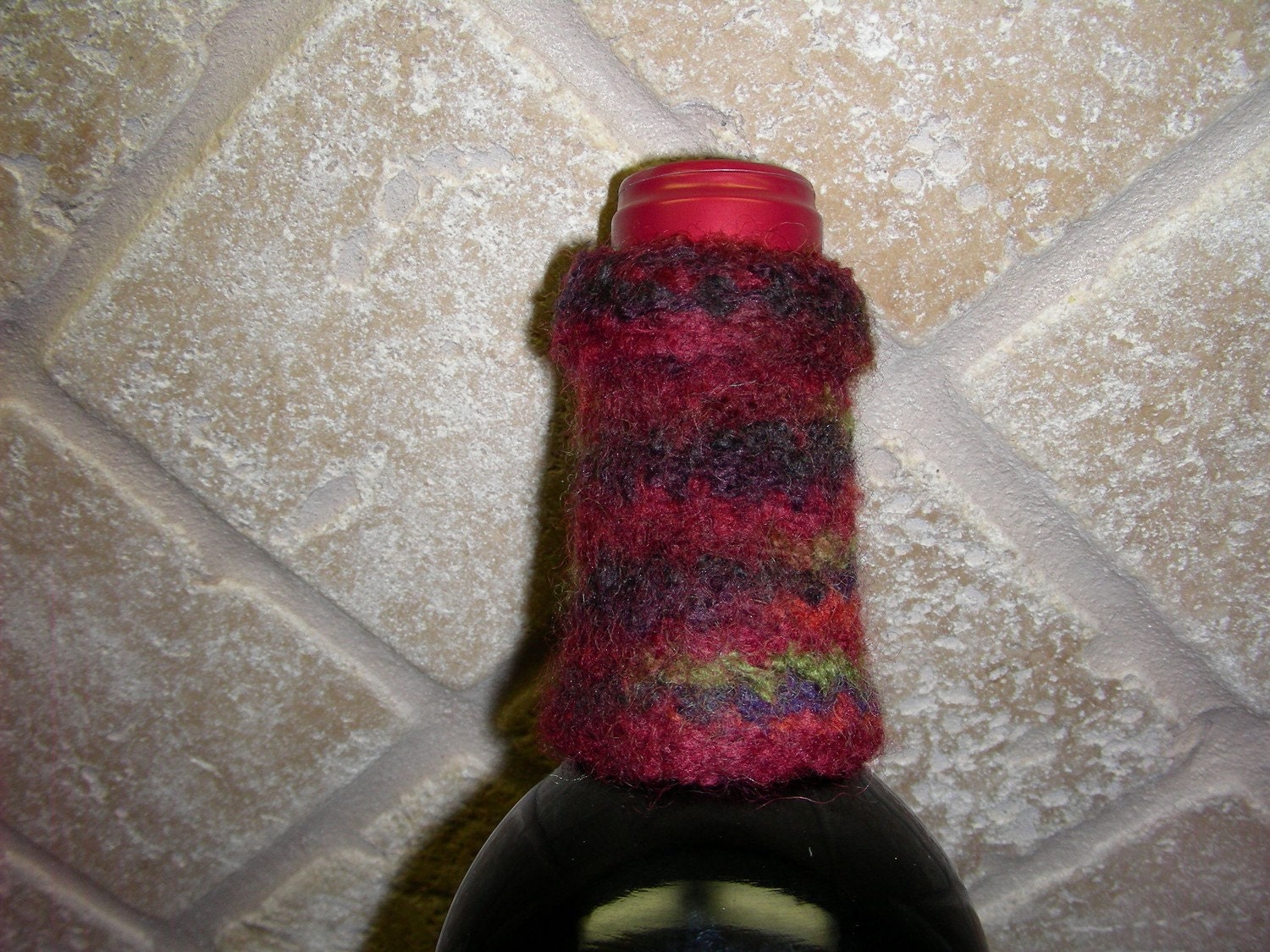 Bottle sleeve, wine collar, bottle collar, drip catcher rust brown green orange hand knit felted wool