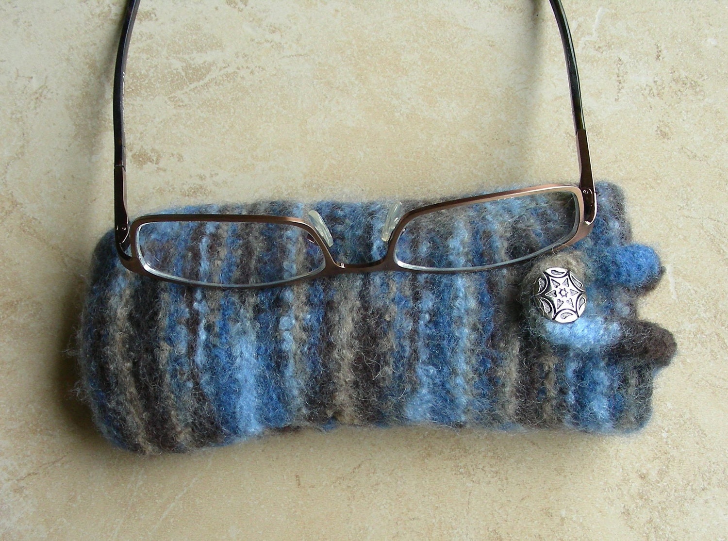 Eyeglass Case blue beige brown variegated felted hand knit loop to secure glasses