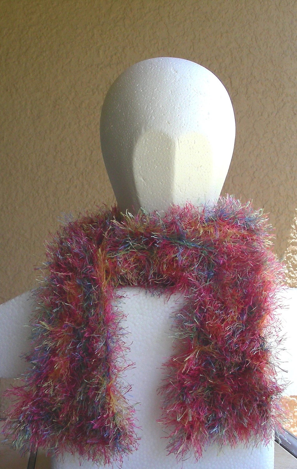 Faux Fur Scarf hand knit fun fuzzy pink blue green yellow long scarf