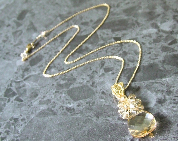 Swarovski Briolette Pendant Necklace 14k Gold Fill Golden Shadow Crystal Cluster Vermeil Vegan