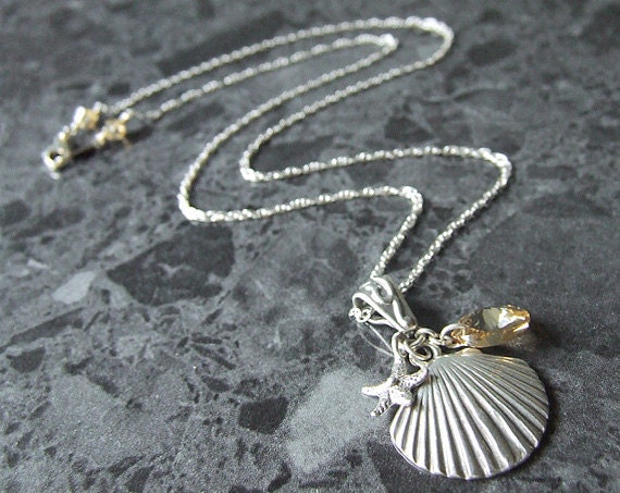Sterling Silver Shell Pendant Necklace Starfish Golden Shadow Swarovski Crystal Vegan