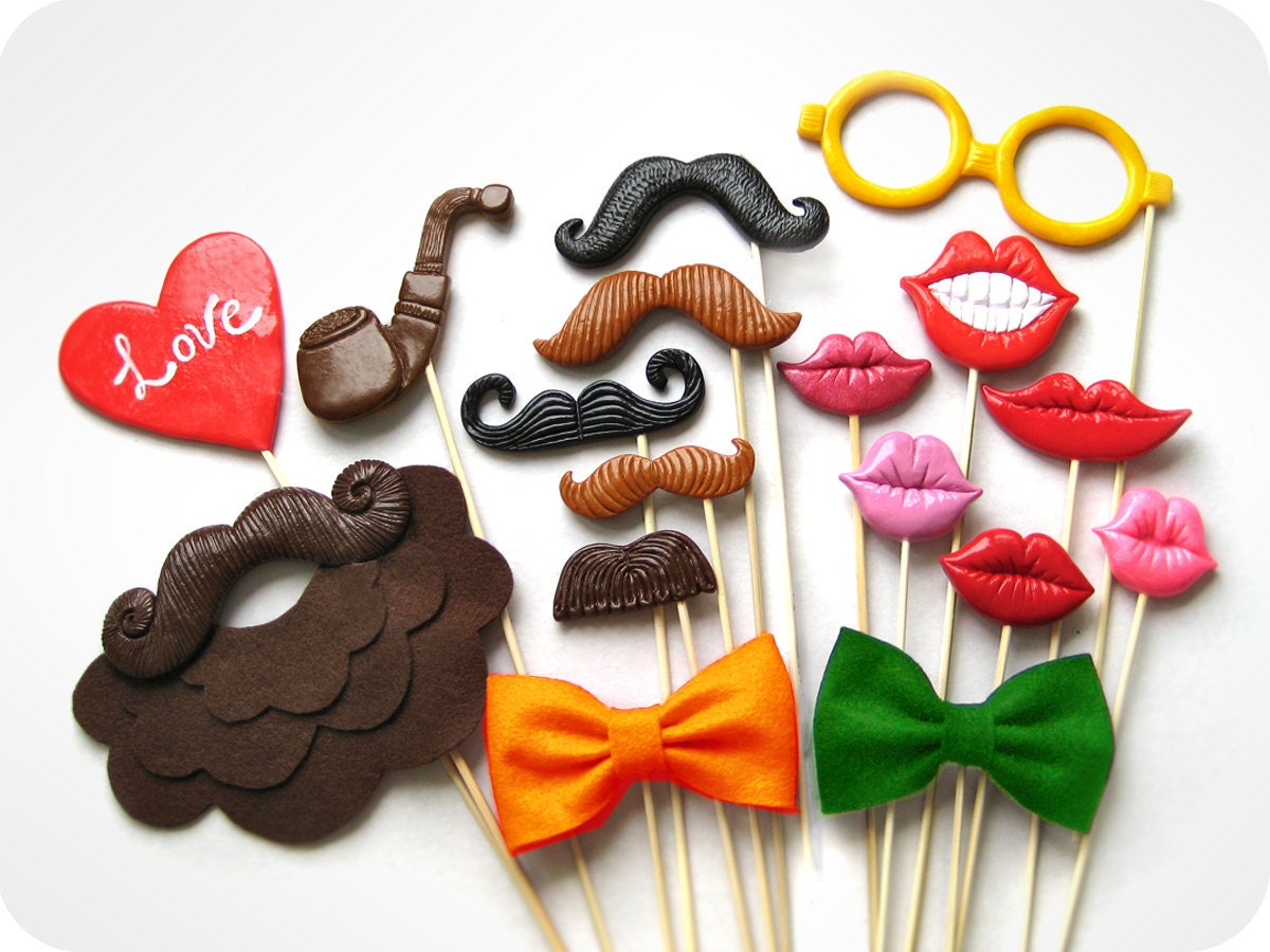 Plastic Mustaches, lips, glasses, bow ties and beard - Set of 17 Photobooth Props Set  - Wedding, party photobooth props