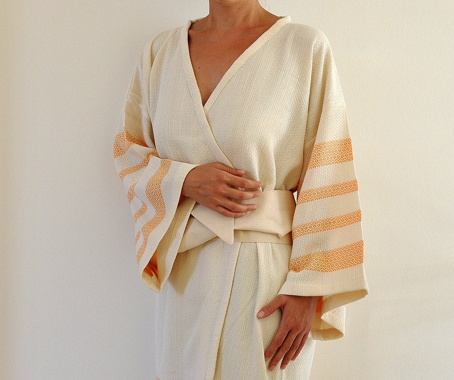 Robe Peshtemal Bath Robe Kimono Robe Caftan Turkish Bath Towel Long Extra Soft Cotton Obi Belt Ivory Orange Coral Eco Friendly Gifts