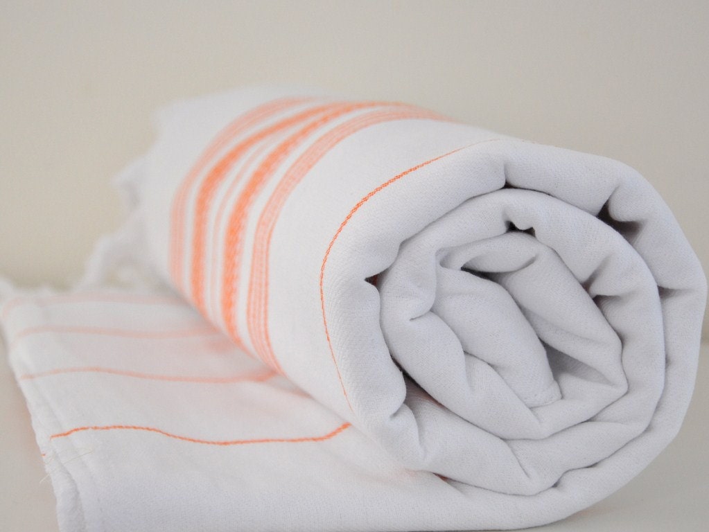 Bath Towel Peshtemal Double Sided Cotton Extra Absorbency Capacity Eco Friendly White Orange Striped Pumpkin