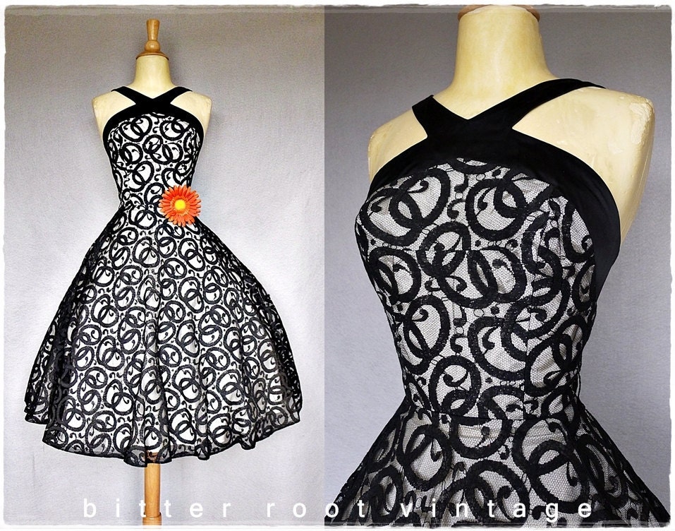 50s party dress / black illusion lace 1950s dress