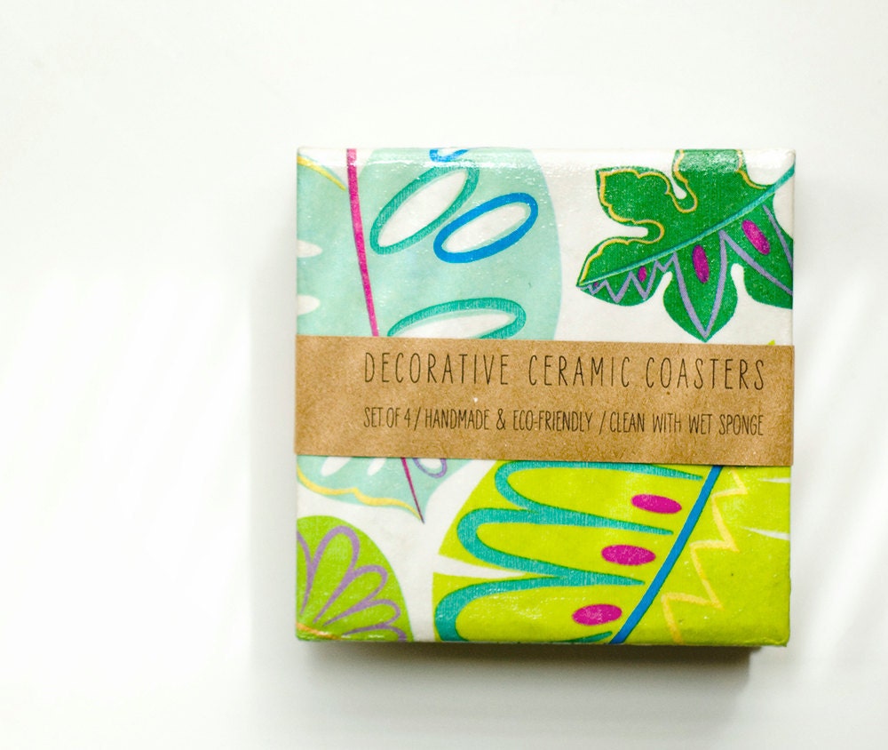Coasters Tropical  Leaves, Green and Aqua, set of 4