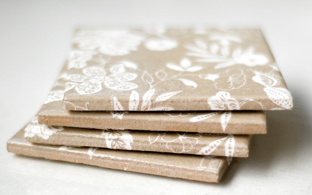 Ceramic coasters, Delicate Flowers White on Tan / Oatmeal, set of 4