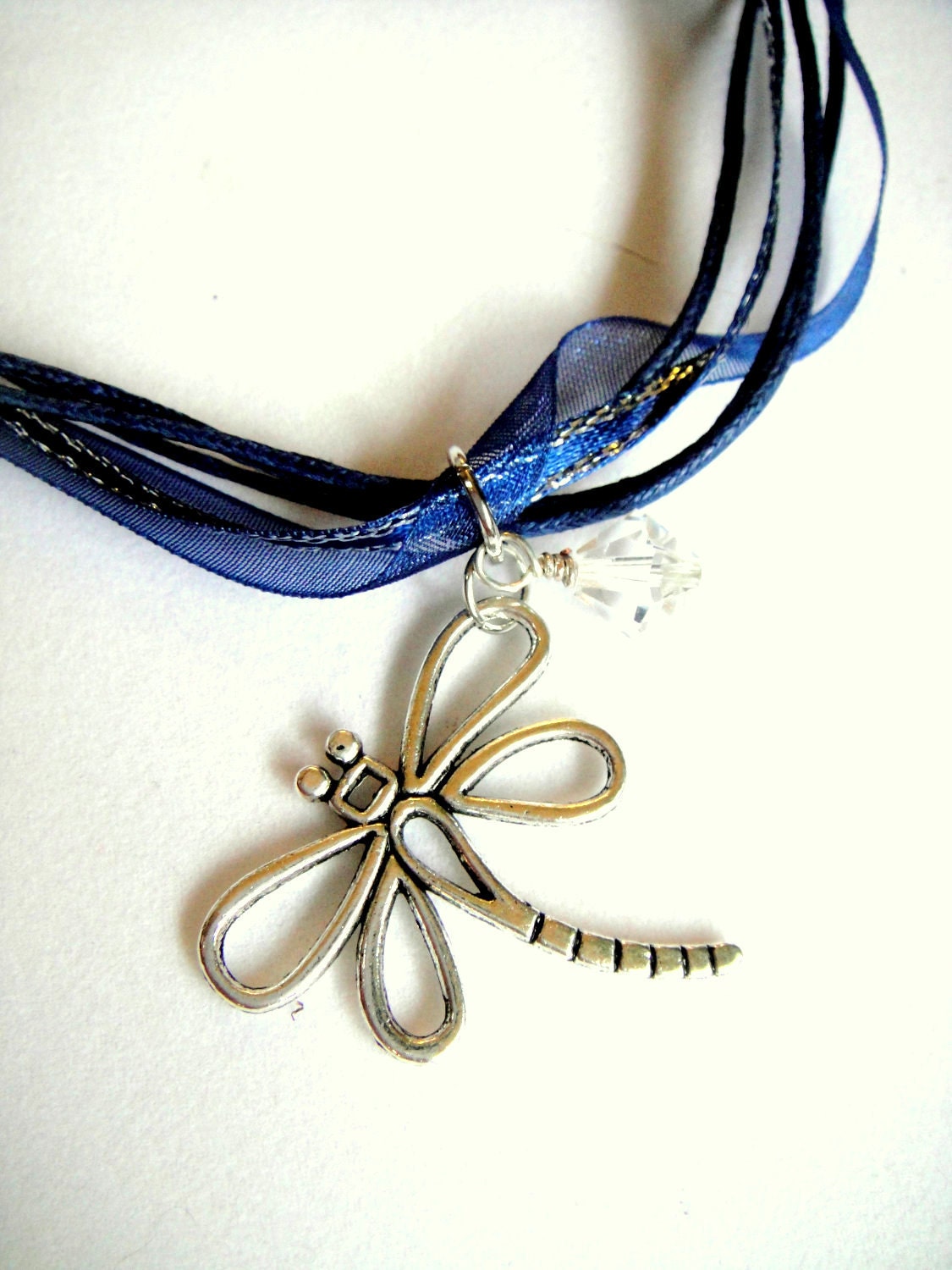 Dragonfly Necklace with Clear Crystal Bicone on Navy Ribbon Cord - mktENGINEER