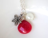 Pink and Pearl Necklace with Hot Pink Jade, Glass Pearl, and Daisy Charm - Jade Necklace - Black Friday, Cyber Monday