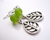 Leaf Green Earrings - Green Matte Glass and Leaf Charm Earrings - Spring Green