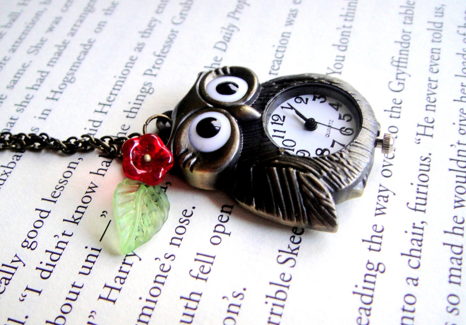 Owl Pocket Watch Necklace - Antique Brass Watch, Red Flower and Green Leaf - Harry Potter, Hedwig, Owl Watch Necklace