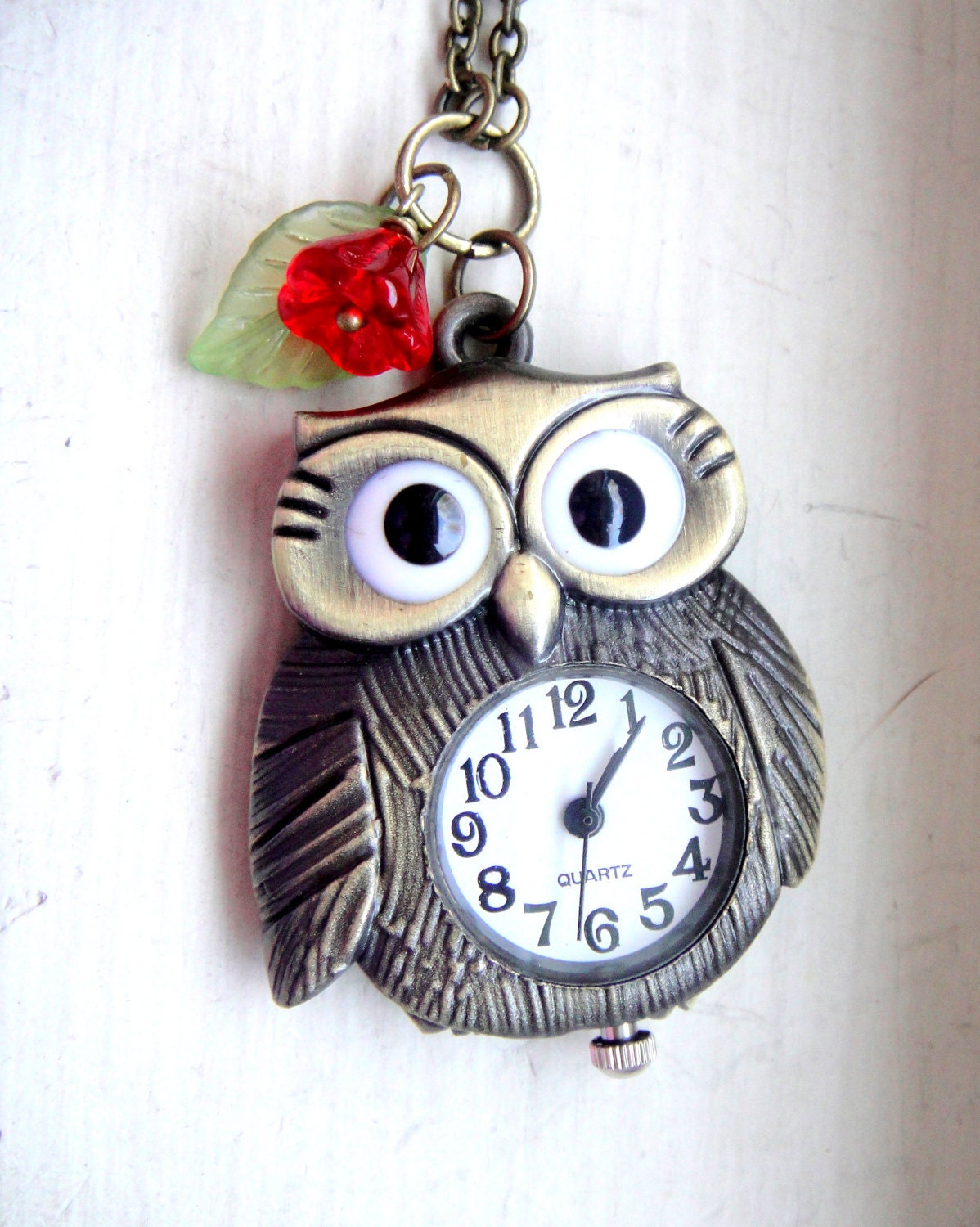 Owl Pocket Watch Necklace - Antique Brass Watch, Red Flower and Green Leaf - Harry Potter, Hedwig, Owl Watch Necklace