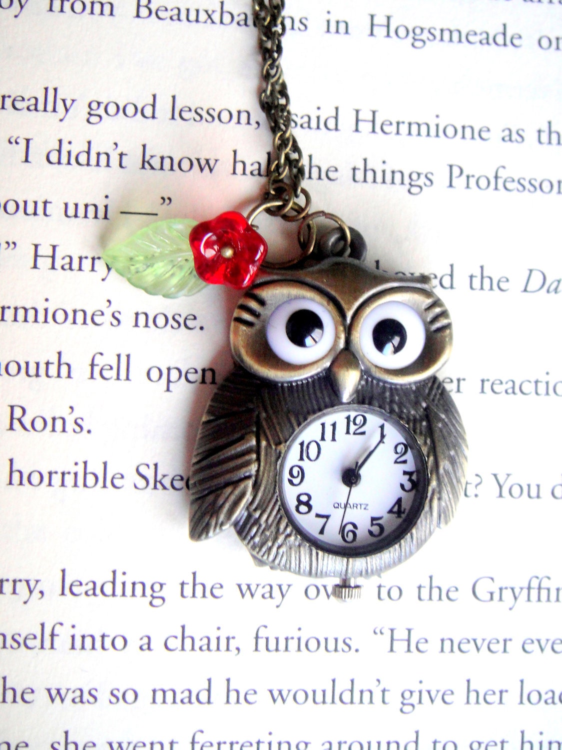 Owl Pocket Watch Necklace - Antique Brass Watch, Red Flower and Green Leaf - Harry Potter, Hedwig, Owl Watch Necklace