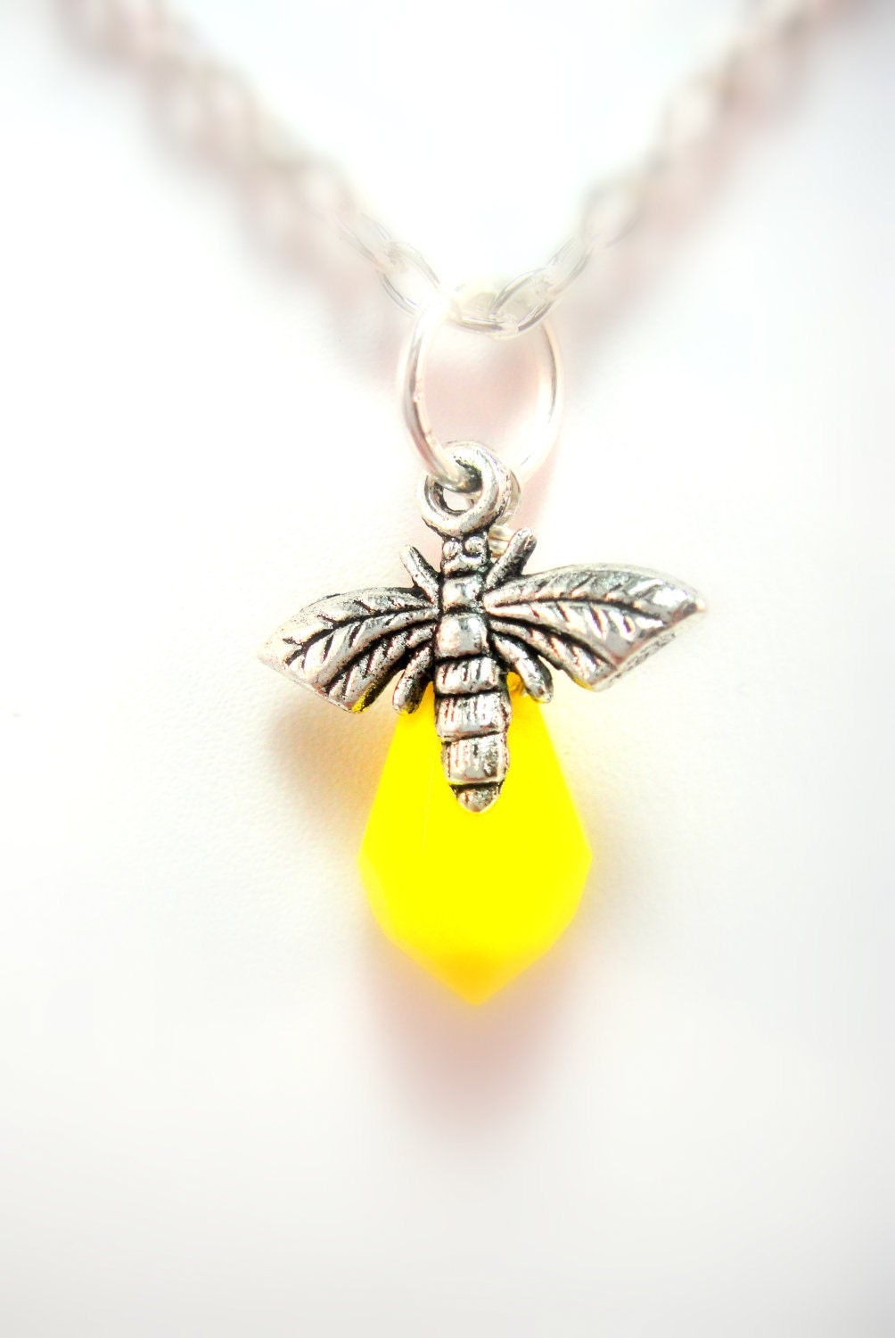 Yellow Bee Necklace - Bee Charm and Yellow Briolette Necklace - Yellow Necklace, Bee Necklace, Spring