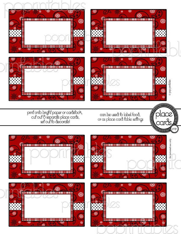 Girl Boy Red Bandana Country Western - Place Cards or Food Label Cards - Bandana Rama Red - PRINTABLE