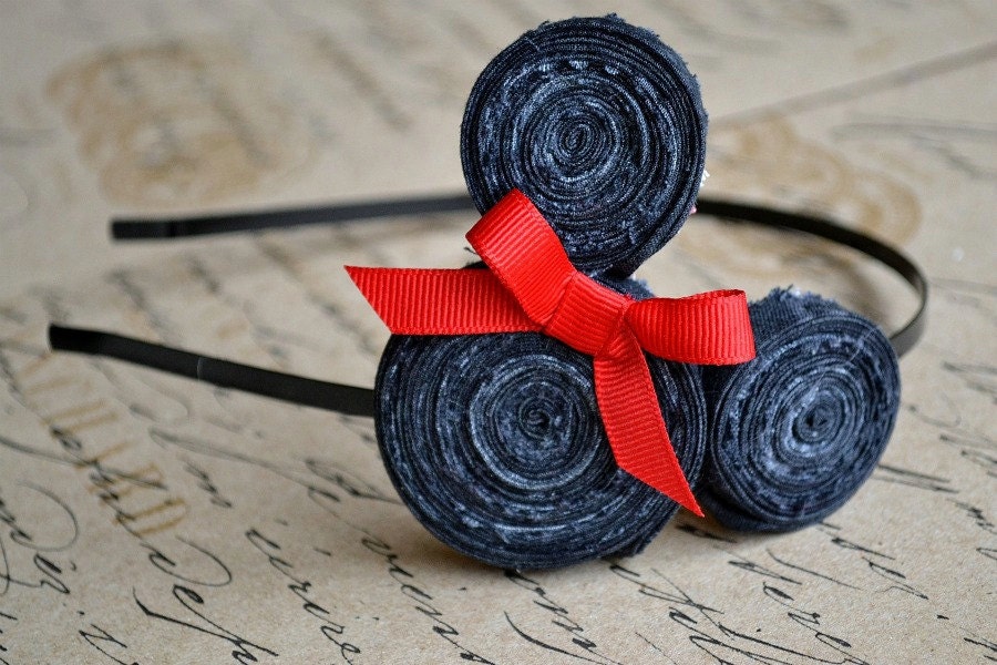Minnie Mouse Inspired Fabric Rosette Headband with Red Bow