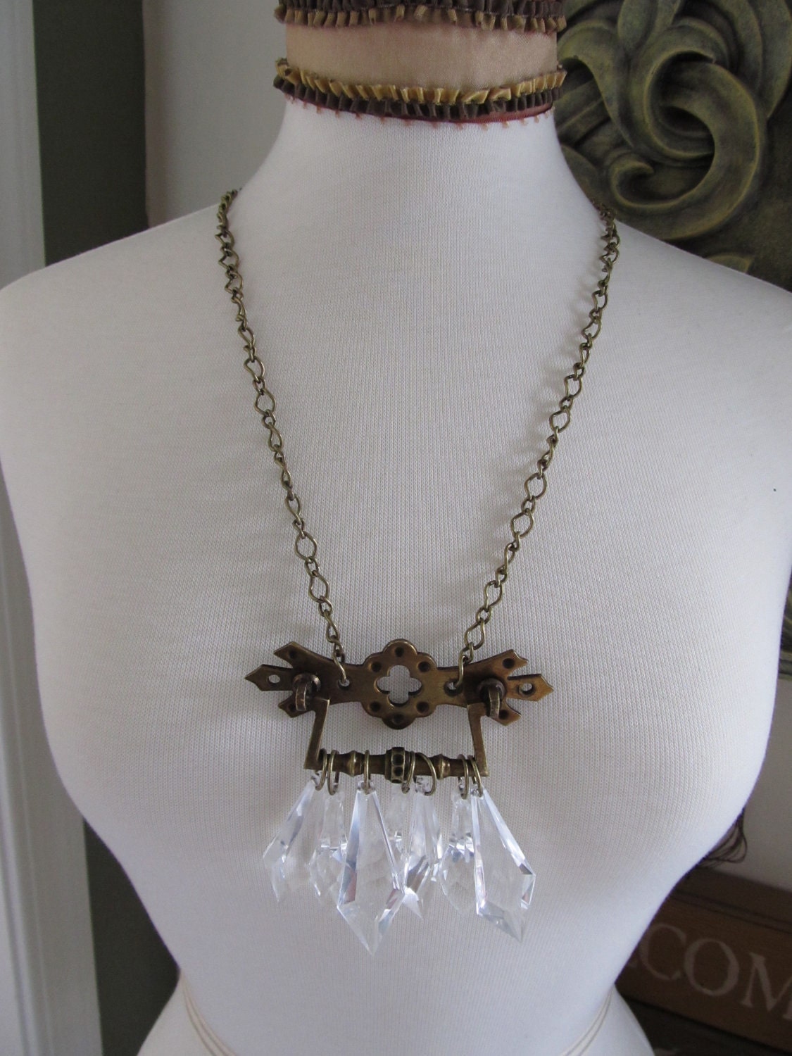 Vintage Drawer Pull Necklace with Clear Chandelier Drops. As featured in Country Living Magazine.