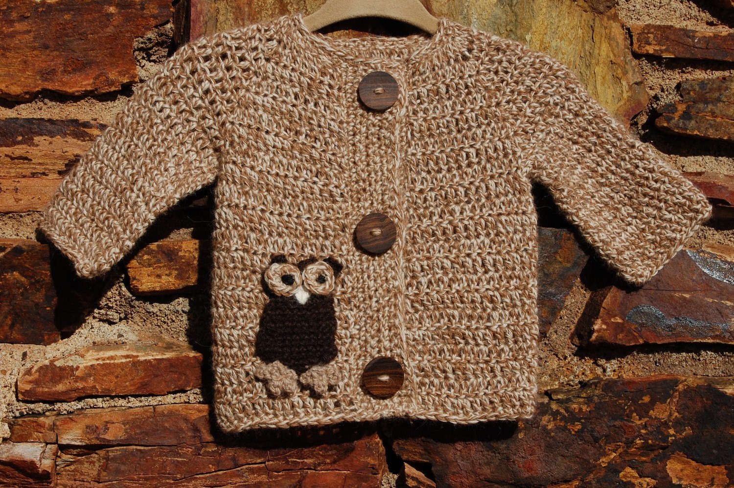 Undyed Alpaca Baby Sweater with Owl Motif