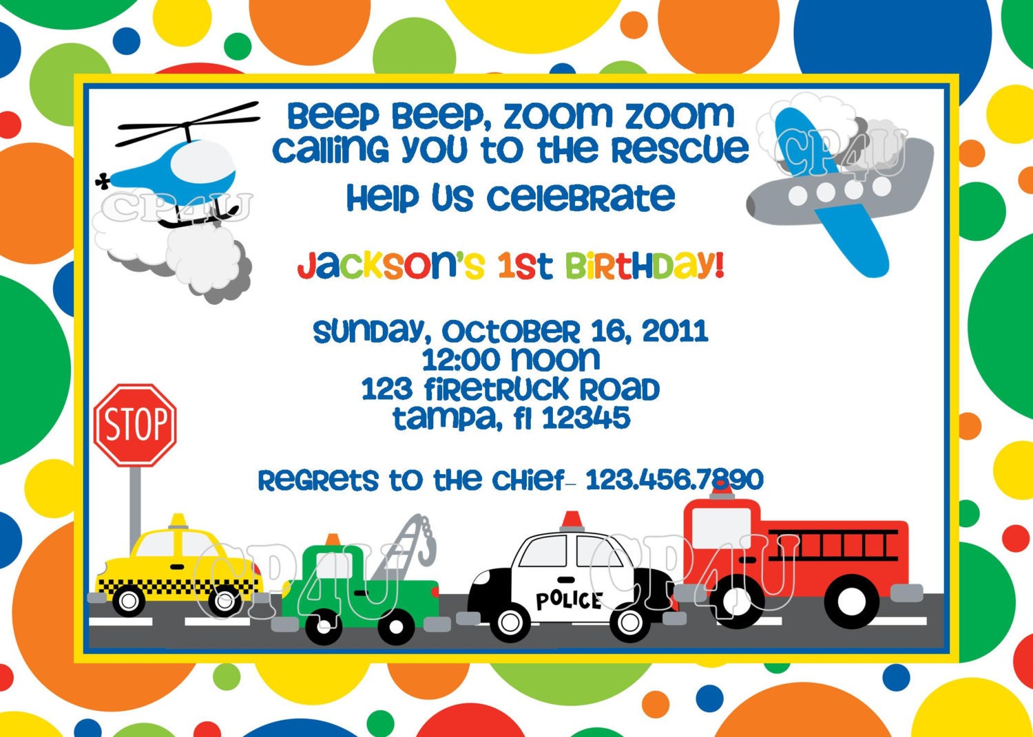 Transportation Invitation- Cars, Trucks, Taxi, Firetruck, Police, Airplane, etc Il_170x135