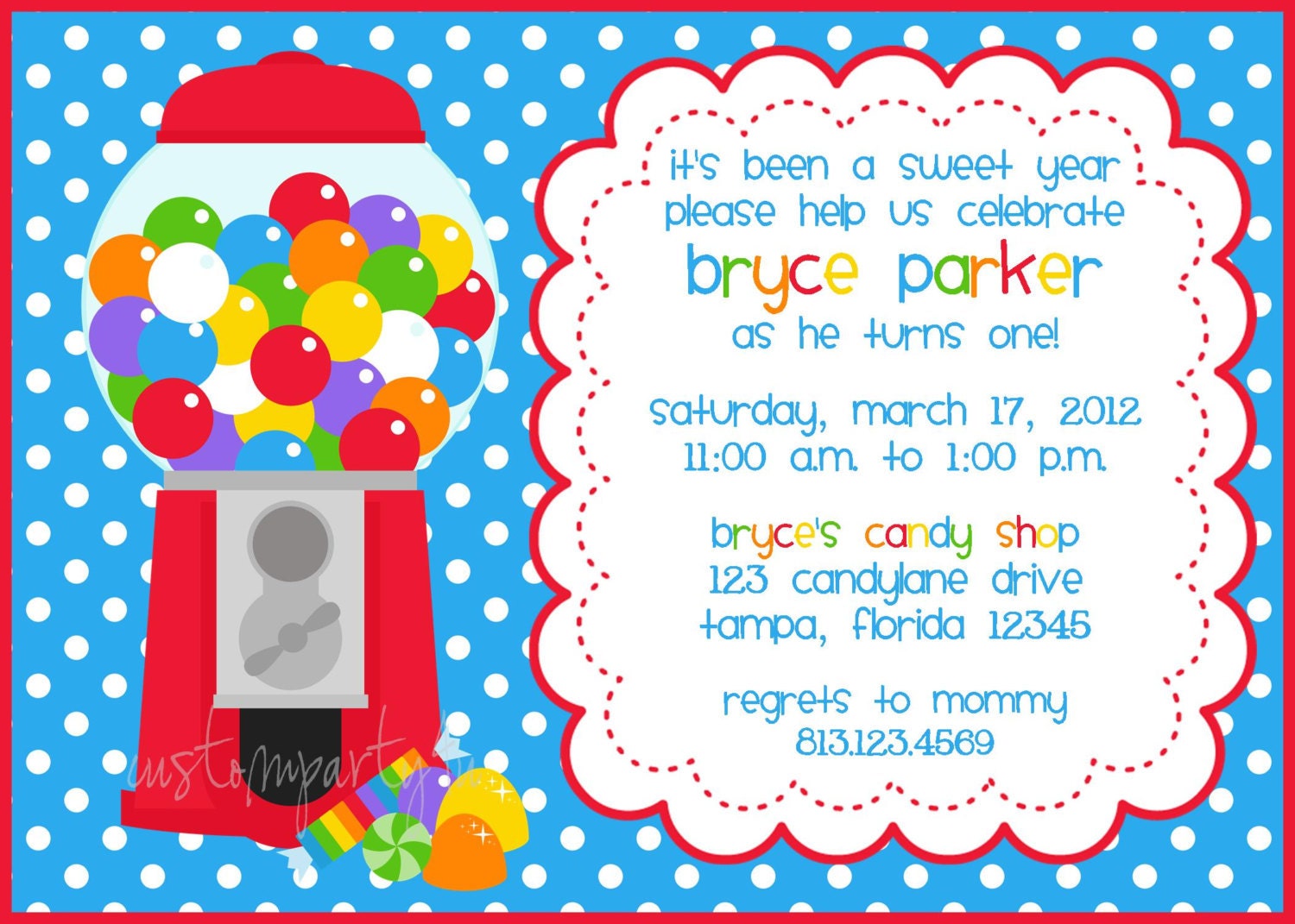 Bubble Gum Machine / Candy Shop Invitation - Set of 12