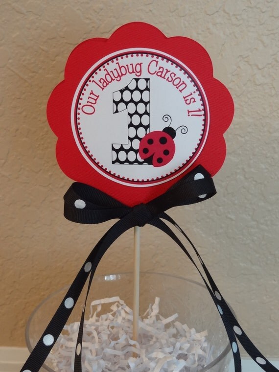 Red and Black Ladybug Centerpiece Stick / Smash Cake Topper Il_570xn