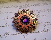 Steampunk Tie Tack or Pin (T25) - Copper Filigree with Brass Gears - Swarovski Crystals