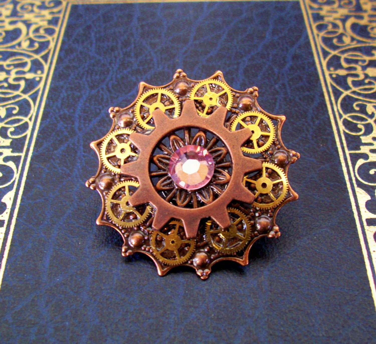 Steampunk Tie Tack or Pin (T36) - Copper Filigree with Brass Gears - Swarovski Crystals