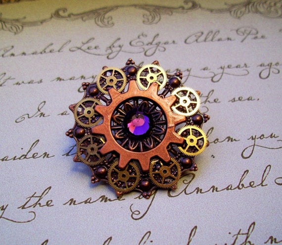 Steampunk Tie Tack or Pin (T25-6) - Copper Filigree with Brass Gears - Swarovski Crystals