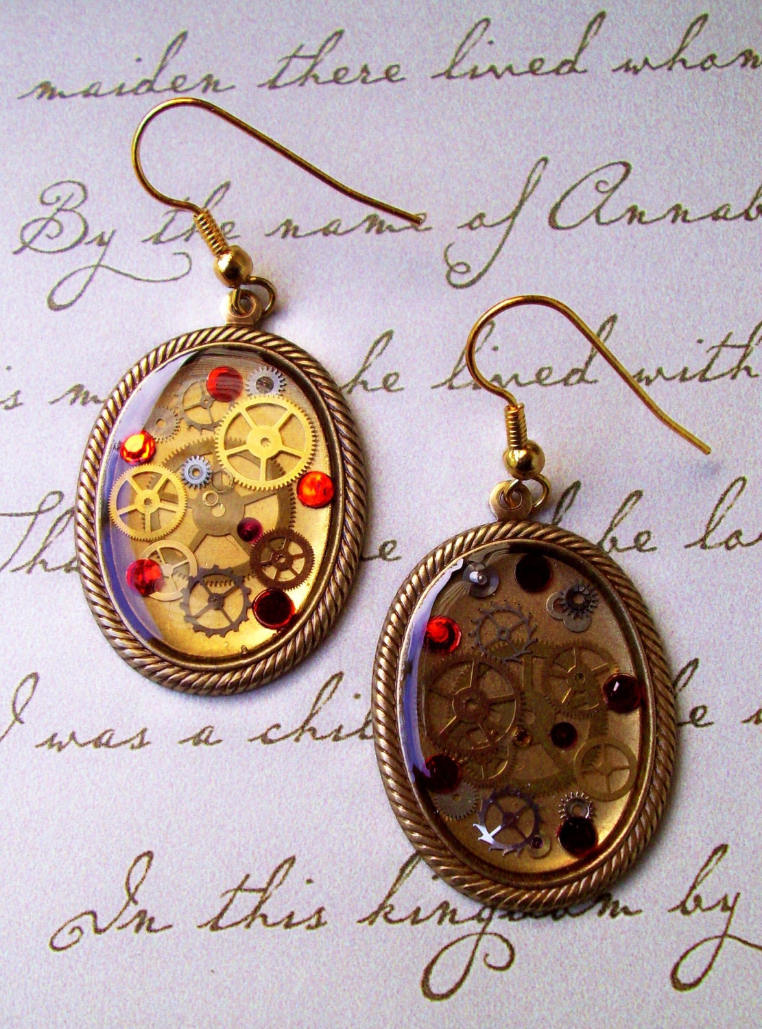 Steampunk Dangle Earrings (E18) - Brass Cameo with Vintage Clock Gears and Gems set in Resin - Silver Tones