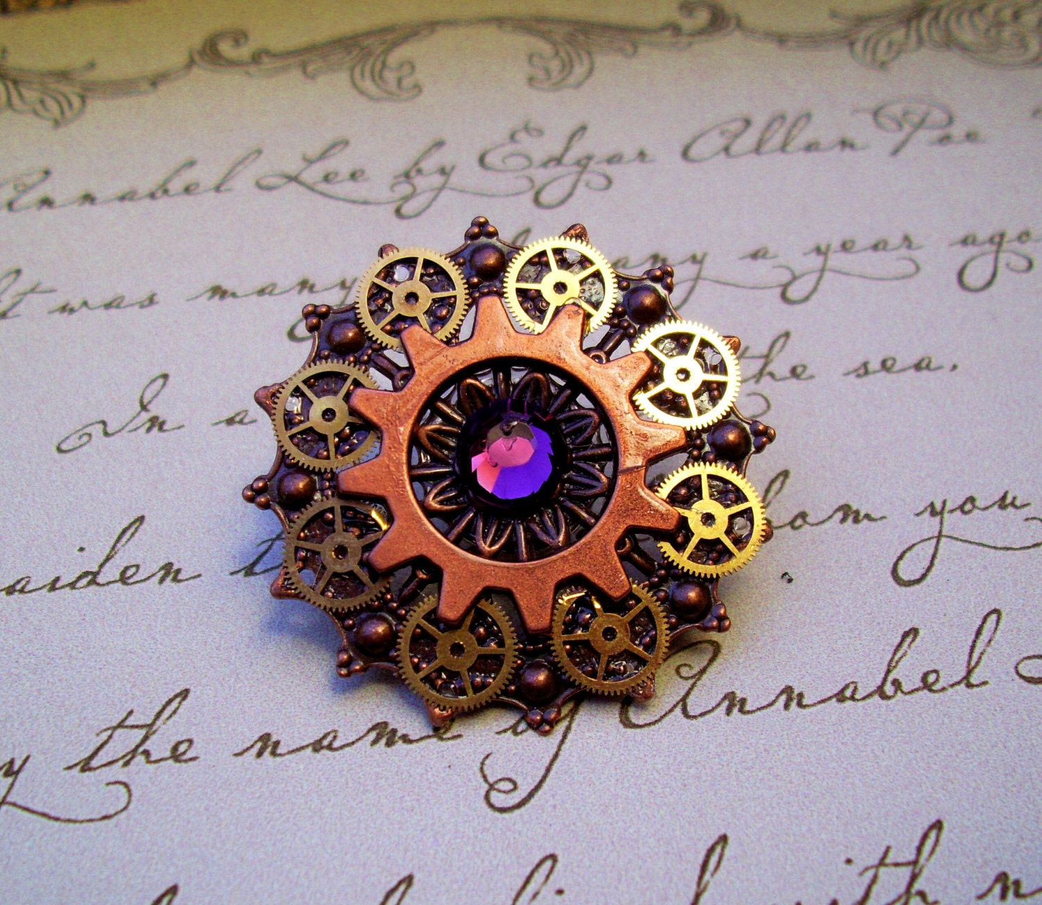 Steampunk Tie Tack or Pin (T25-6) - Copper Filigree with Brass Gears - Swarovski Crystals