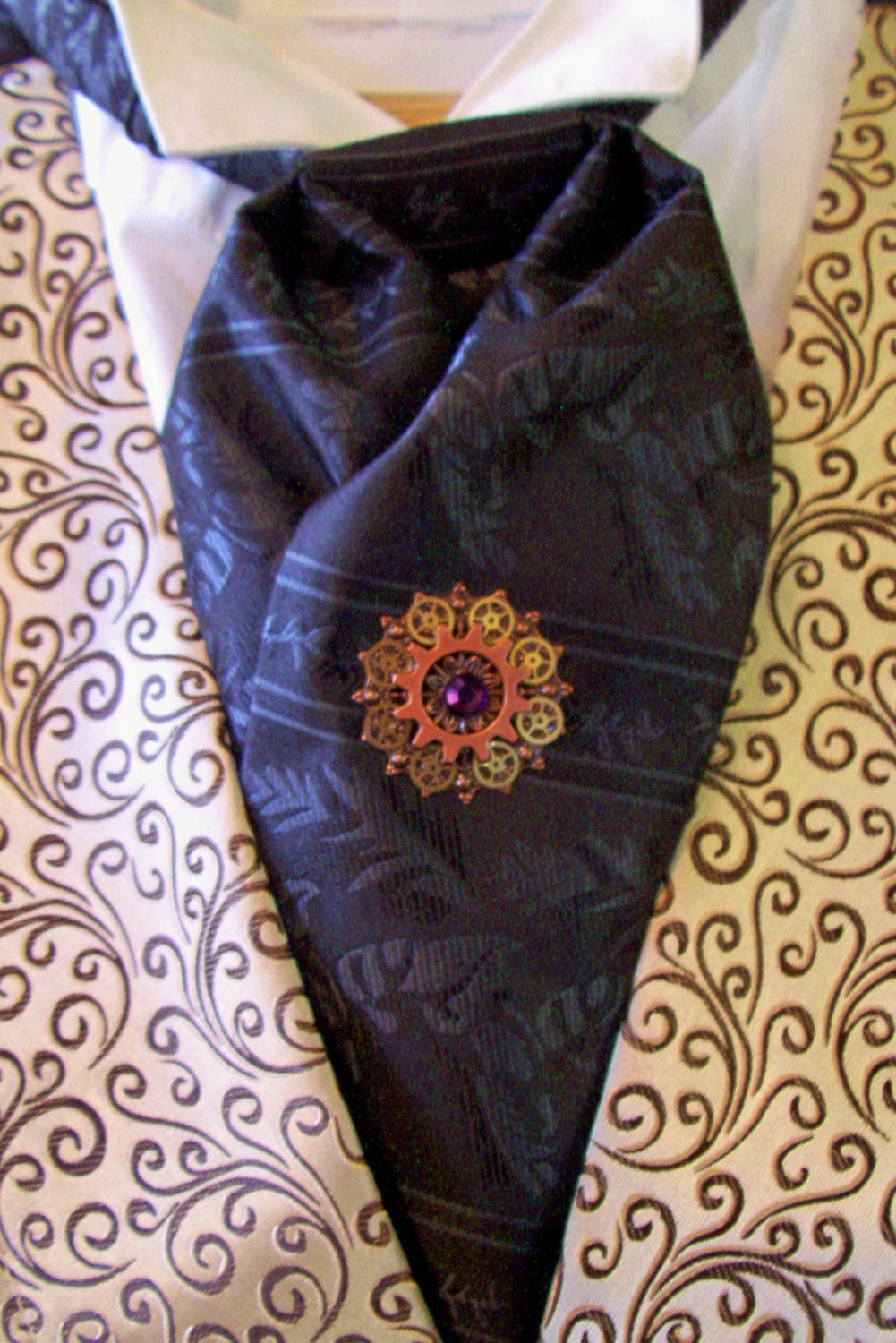Steampunk Tie Tack or Pin (T25-6) - Copper Filigree with Brass Gears - Swarovski Crystals