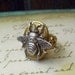 Bumble Bee Locket Ring (R25) - Steampunk / Victorian - Antique Brass Floral Pattern - Silver Plated Bee - Adjustable Ring Band
