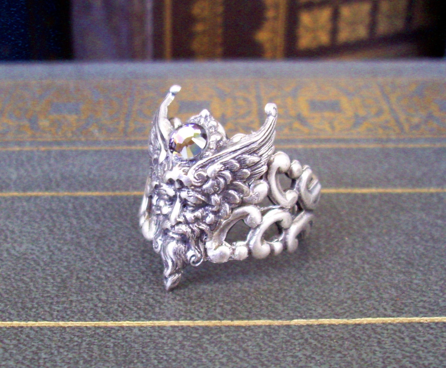 Steampunk Ring (R44-4) - Green Man - Astraeus God of Dusk - Silver Plated Brass Adjustable Ringband