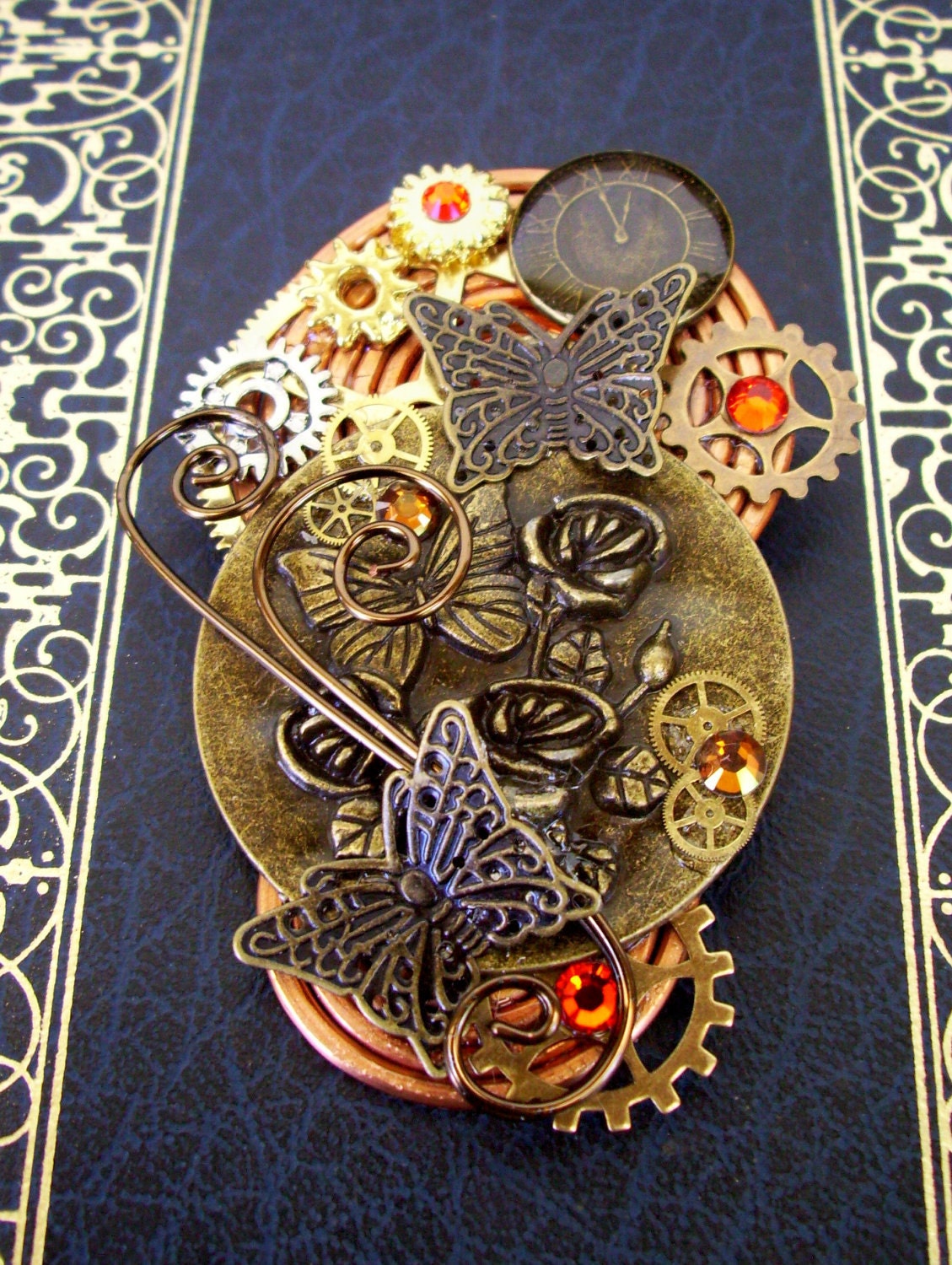 RESERVED for Kris204 - Steampunk Brooch (Pin118) - Butterfly Design - Clockface - Swirls and Gears - Swarovski Crystals