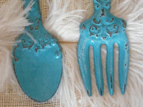 Wall Art- Rustic Turquoise Blue Fork and Spoon Oversize - Sophisticated- cast Iron - Distressed - Kitchen Restaurant Decor