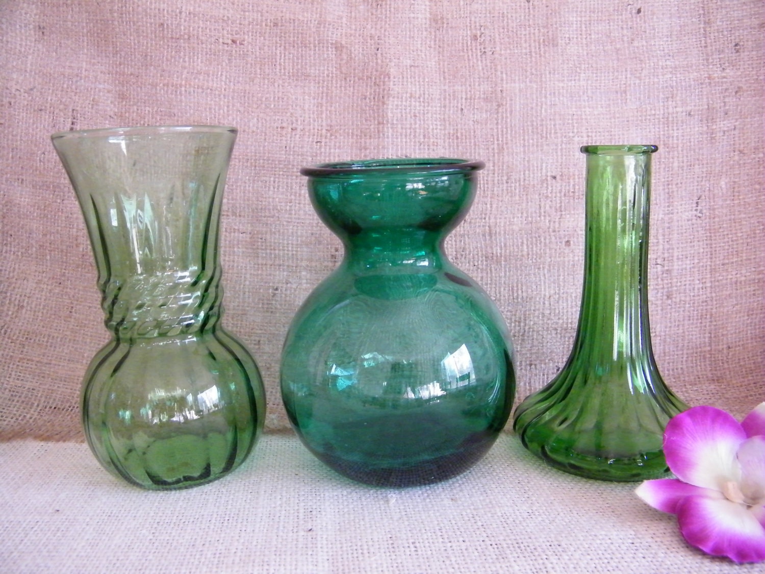 Set of 7 Vintage GREEN glass bud vases-Wedding Reception-Special Event-Instant Collection-Garden Theme Party- Vases