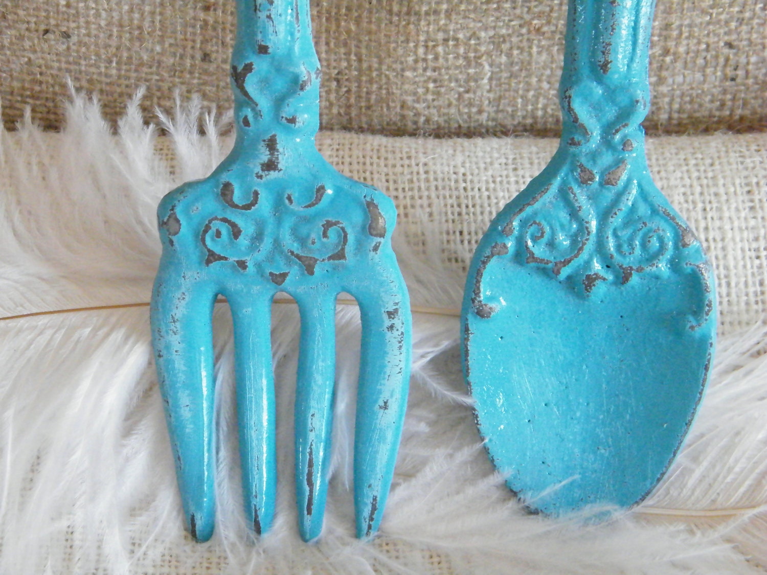 Wall Art- Rustic Turquoise Blue Fork and Spoon Oversize - Sophisticated- cast Iron - Distressed - Kitchen Restaurant Decor