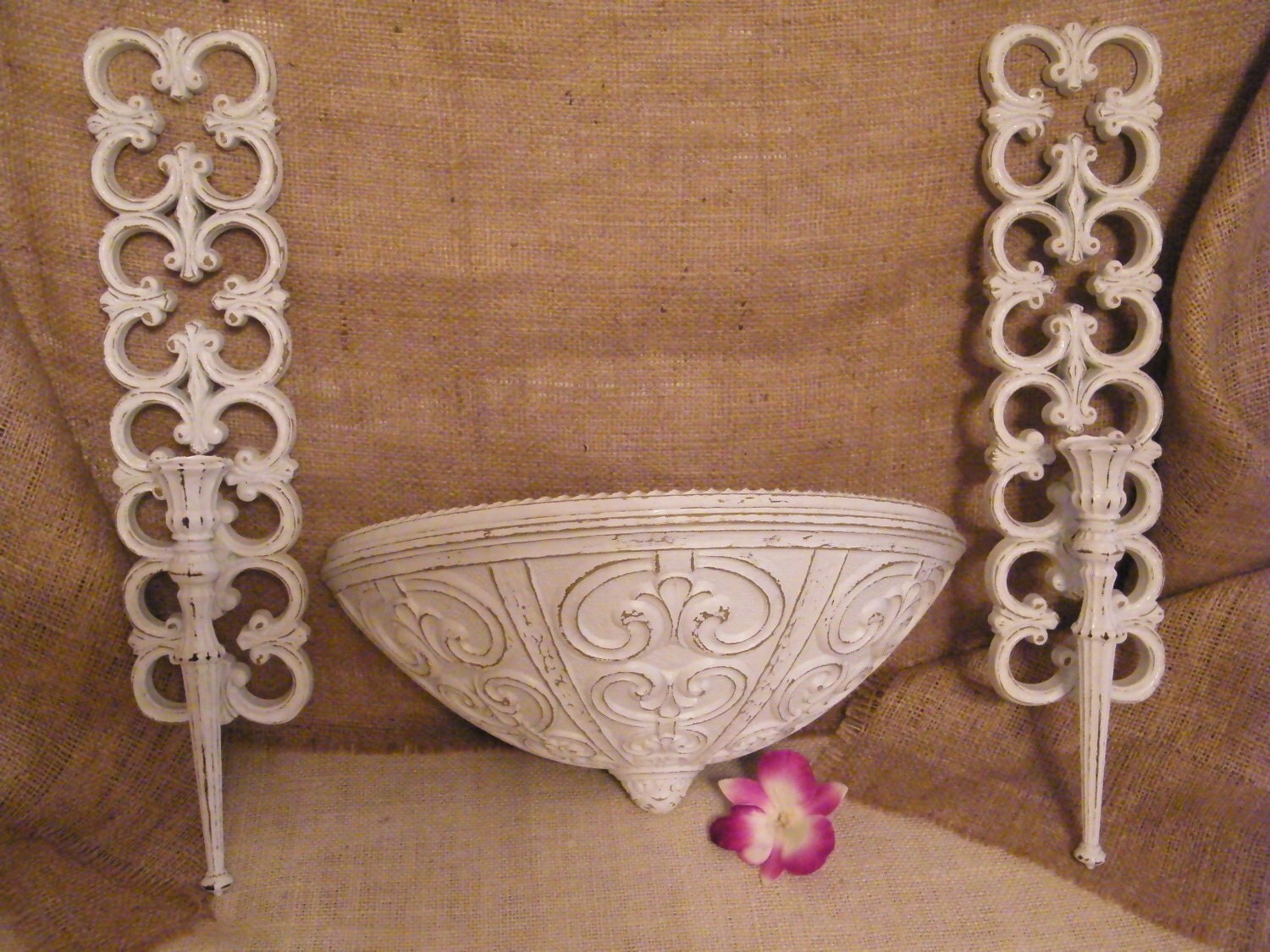 White Shabby Chic Candle Sconce and Wall Pocket by MorrellDecor
