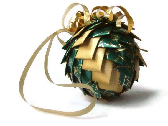 Christmas Ornament // Pinecone Ornament // Green and Gold Ribbon - MadlensRibbonRiot