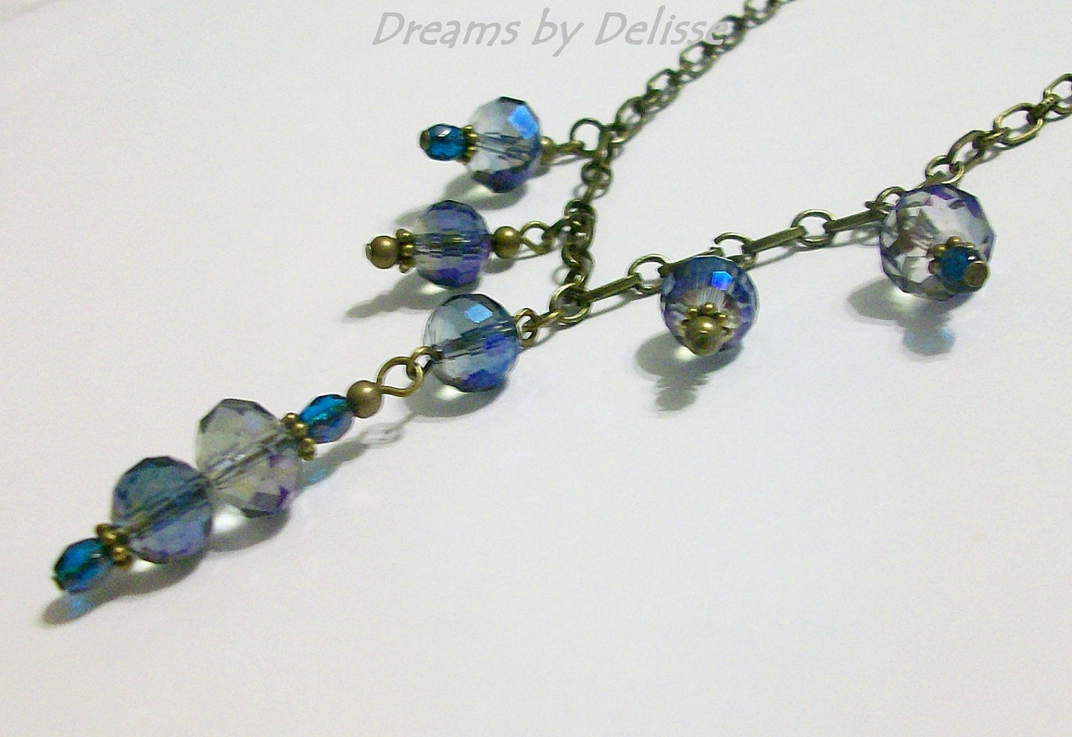 Vintage Inspired Blue Crystal and Brass Necklace - Smokey Blue Necklace